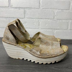 Fly London Yak Pearl Metallic Perforated Leather Ankle Wedge Shoes